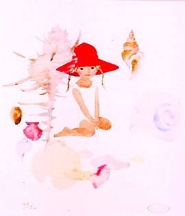 貝殻と赤い帽子の少女